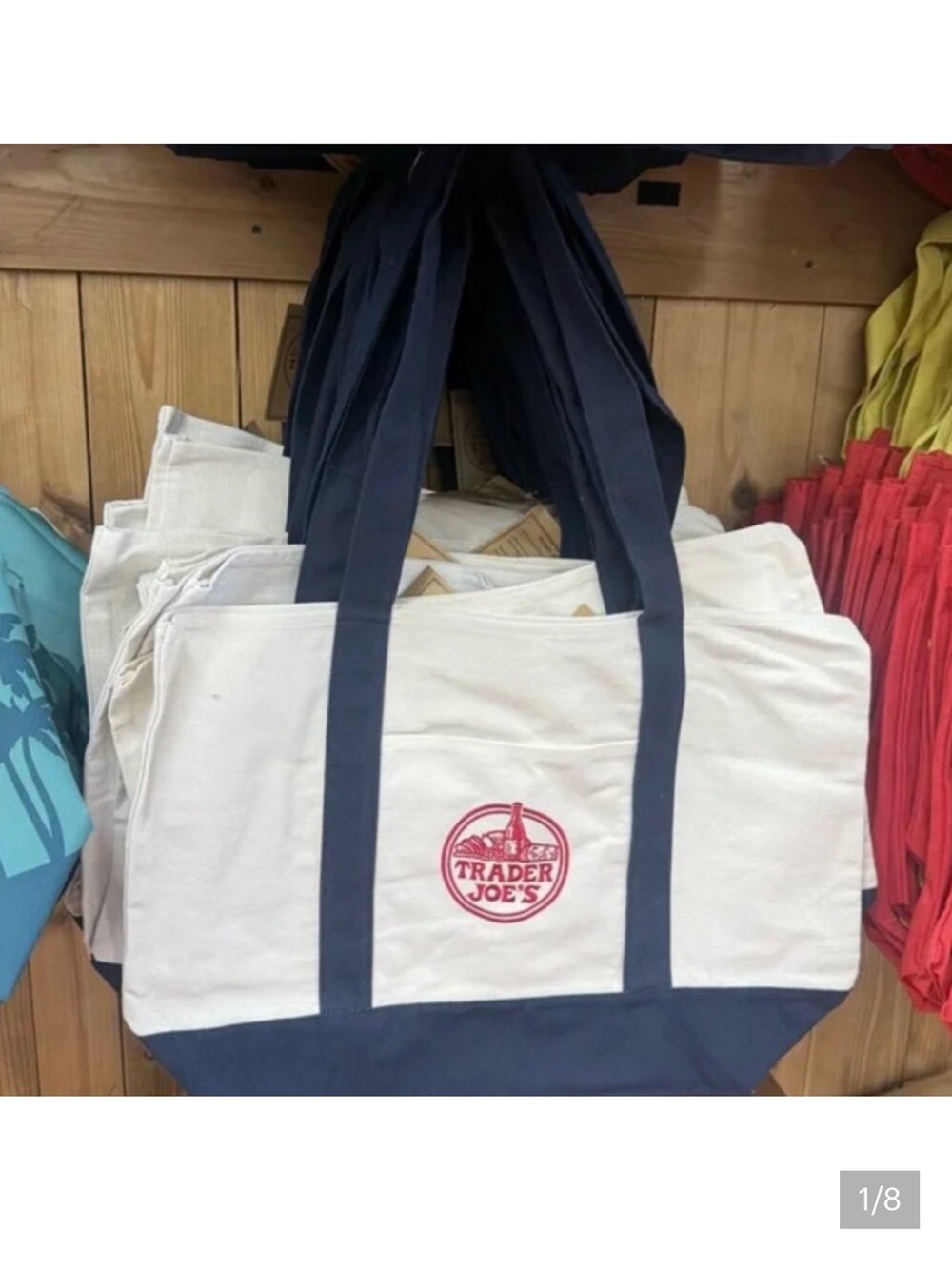 Trader Joe's Canvas Tote with Navy Straps and Base